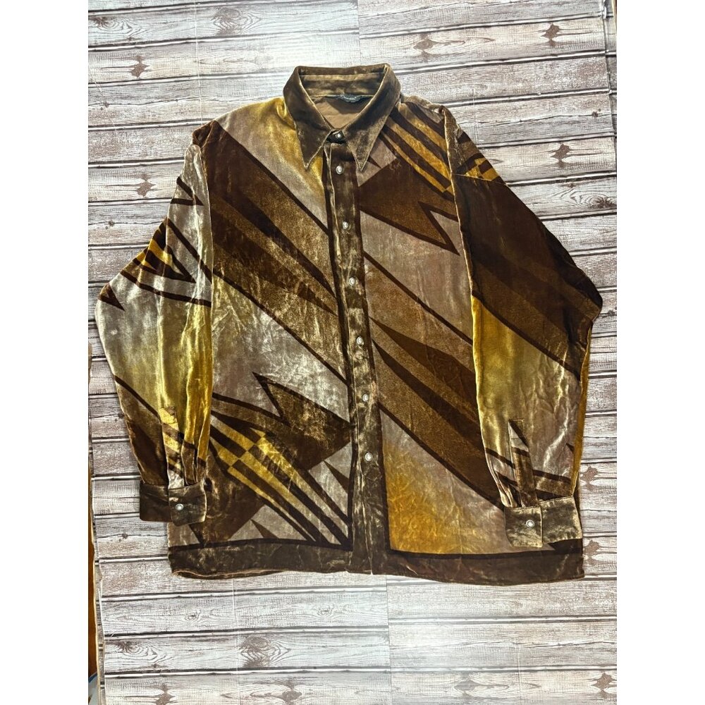 Genelli Silk Blend Velour Disco Retro Geometric Shirt size 3X color gold brown